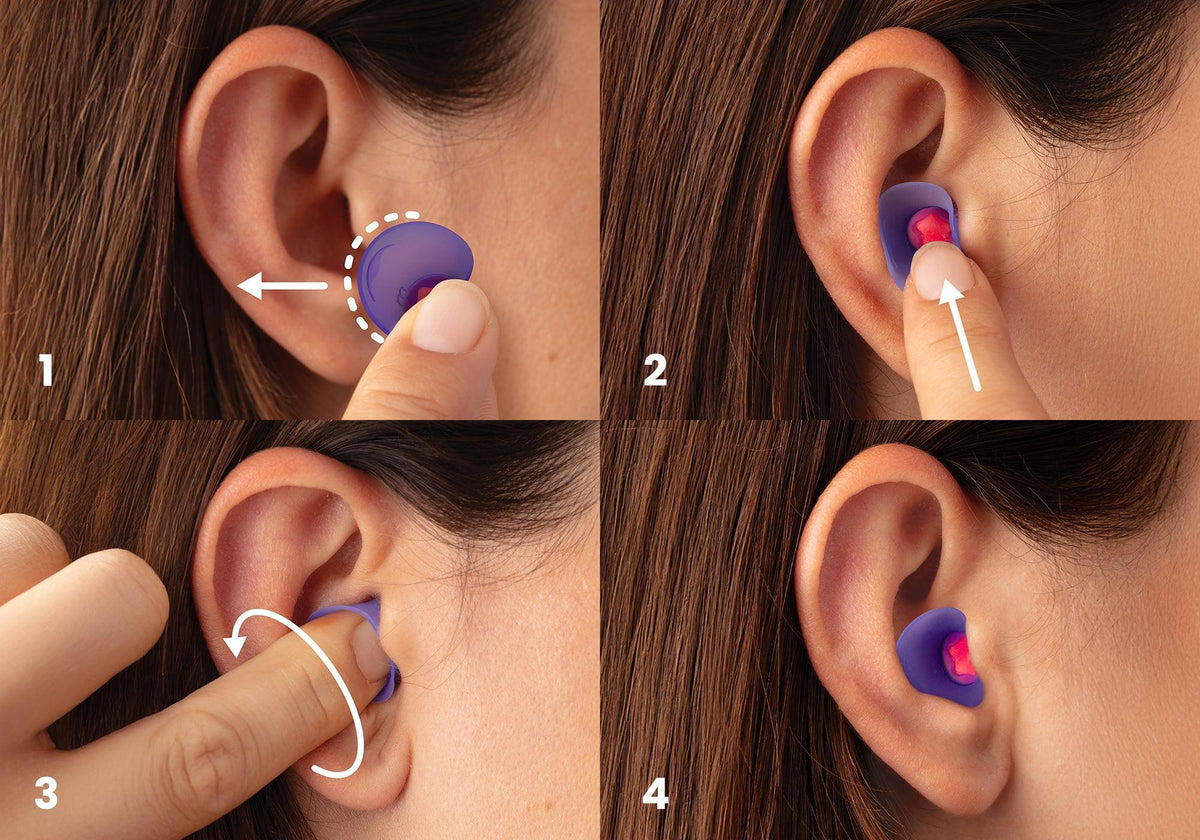 Four-panel guide showing how to insert a purple silicone earplug into the ear: 1. Hold earplug, 2. Push inside, 3. Twist to seal, 4. Correct fit.