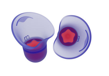 Pair of purple silicone earplugs showing the "m" size indicator and pink star-shaped foam cores inside, isolated on white.