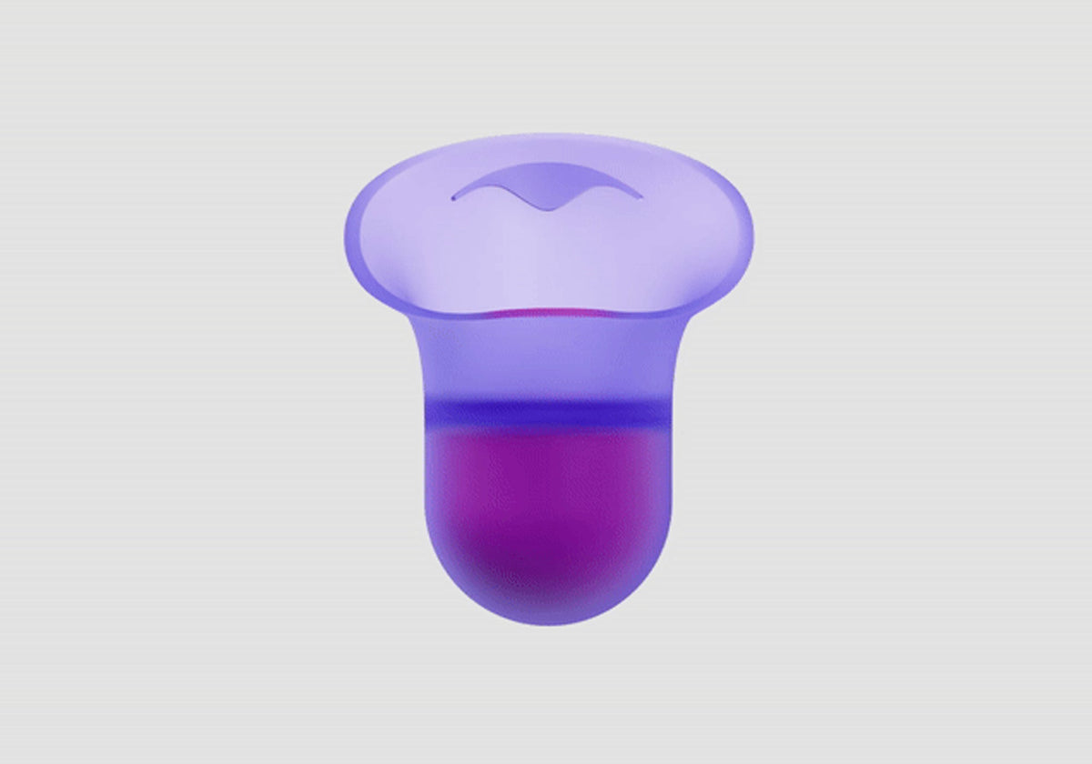 Single purple silicone sleep earplug with a translucent flared top and dark purple base, isolated on a light gray background.