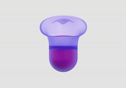 Single purple silicone sleep earplug with a translucent flared top and dark purple base, isolated on a light gray background.