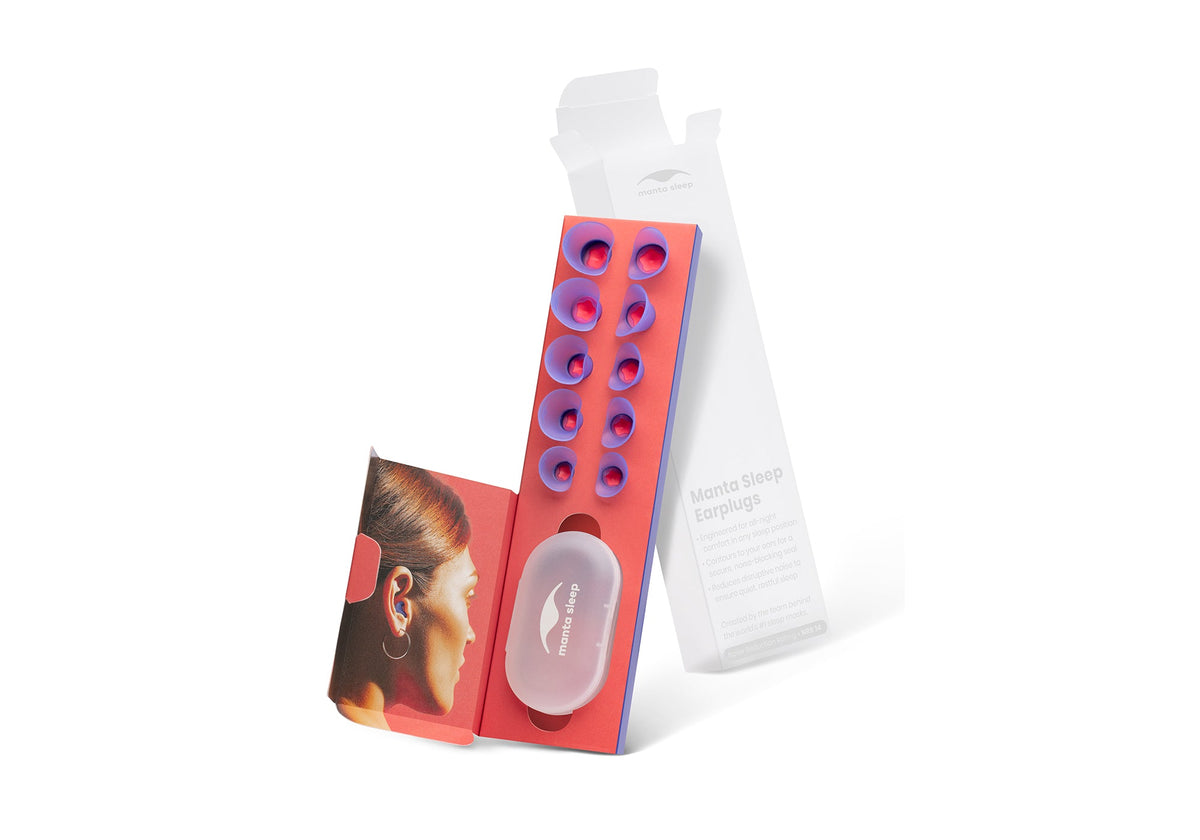 Manta Sleep Earplugs packaging set, showcasing the white product box, red multi-size tray, clear storage case, and user manual on white.