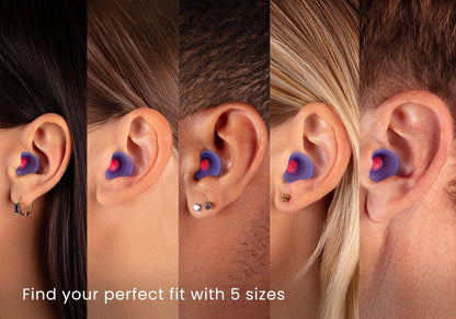 Five-panel vertical collage showing the purple Manta Sleep earplug fitting comfortably into five different ears, titled "Find your perfect fit with 5 sizes".